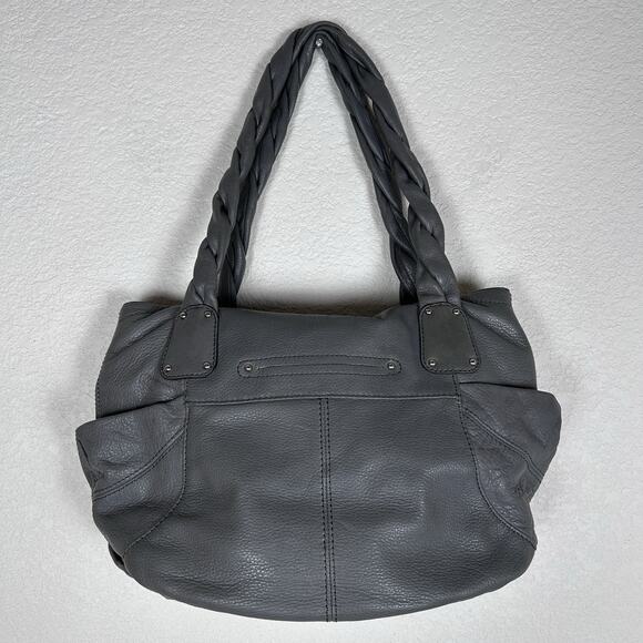 B. Makowsky grey Leather slouchy Silver Hardware Twisted Shoulder Strap Purse. - Picture 2 of 9